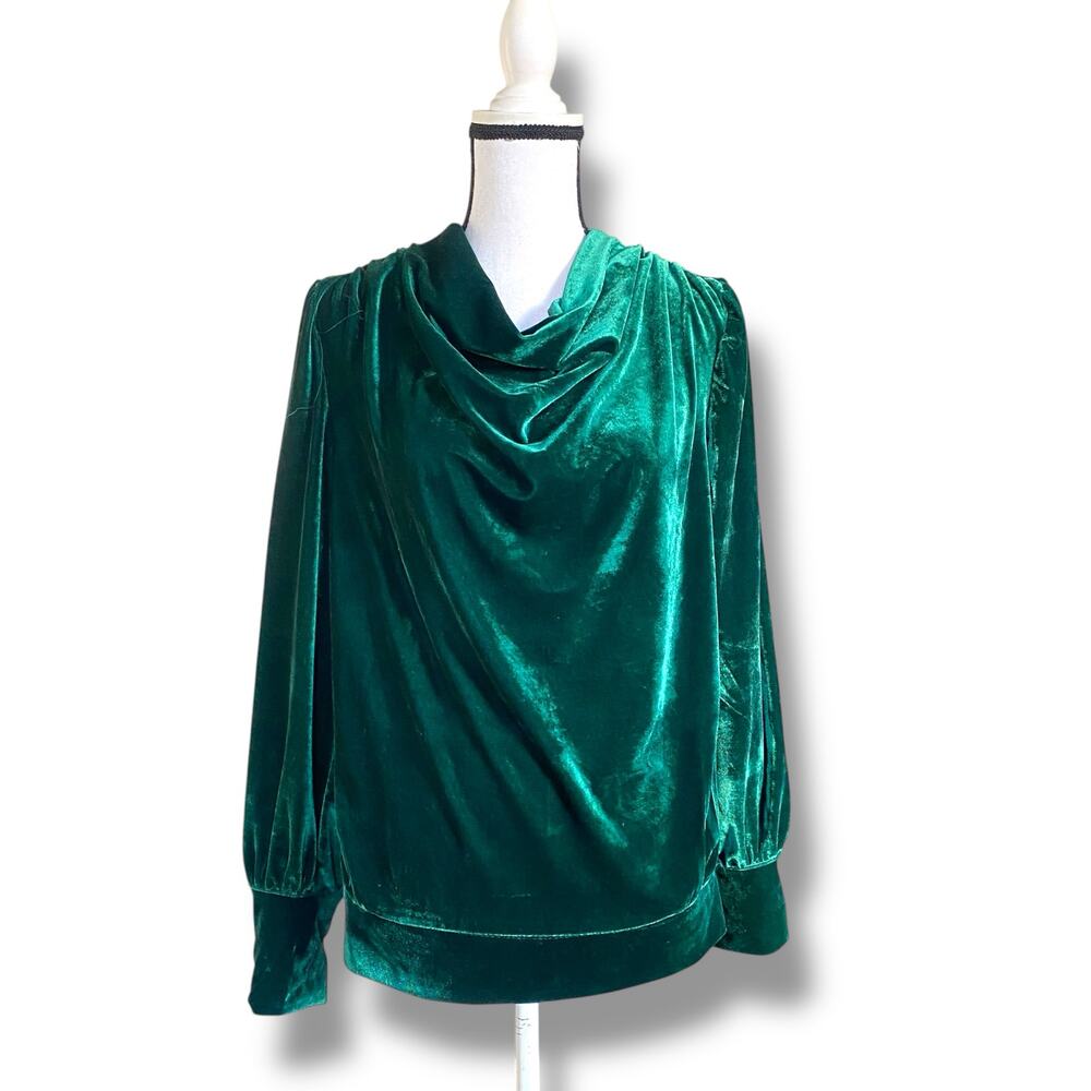 Anthropologie BTFL Life Green Velvet Cowl Neck Top  Sz M Long Balloon Sleeves
